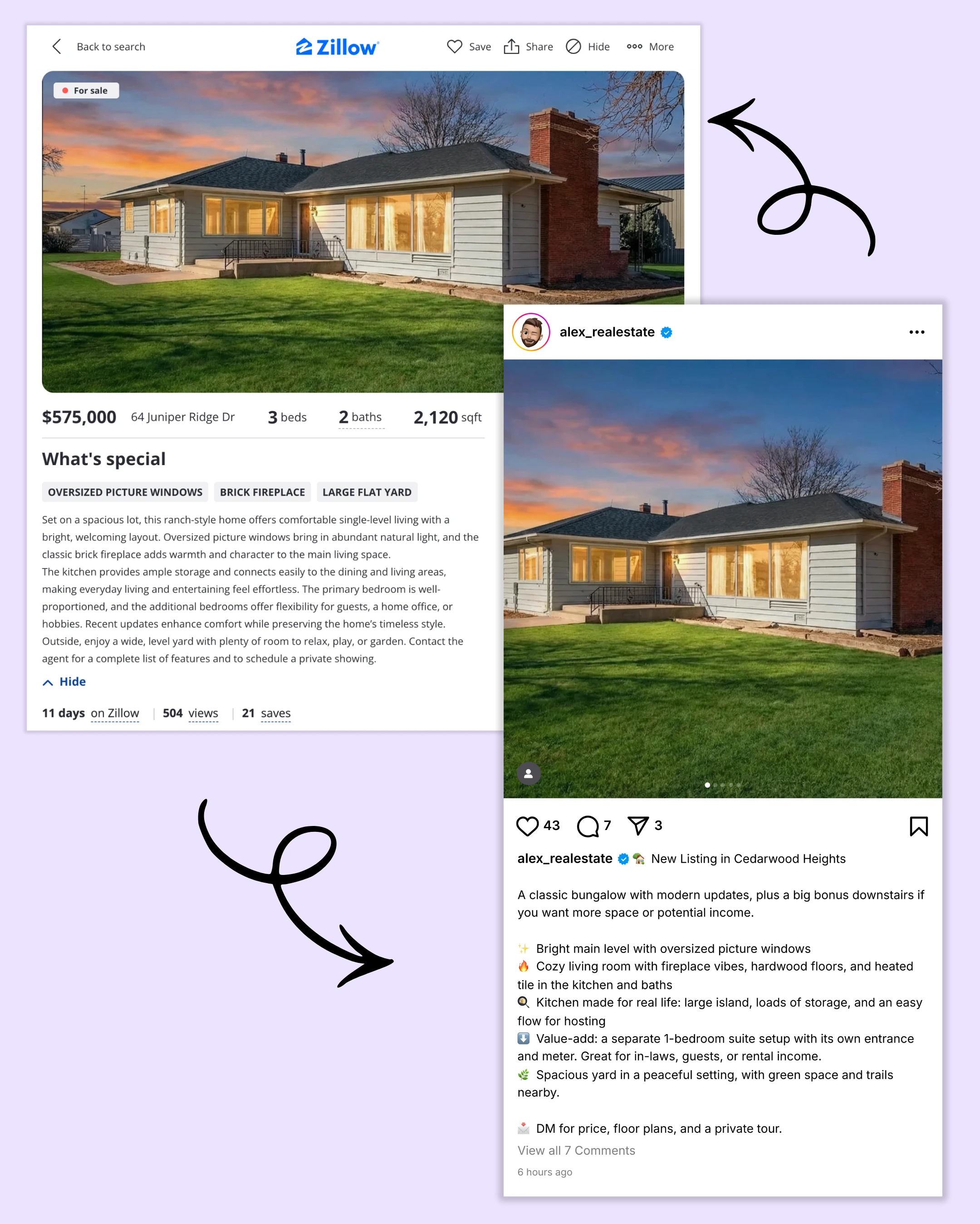 Side-by-side comparison of an Instagram-style post and a Zillow-style listing for the same home